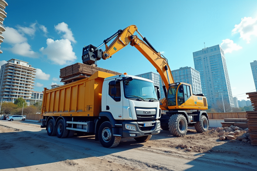 Camion moderne avec grue en action sur un chantier urbain