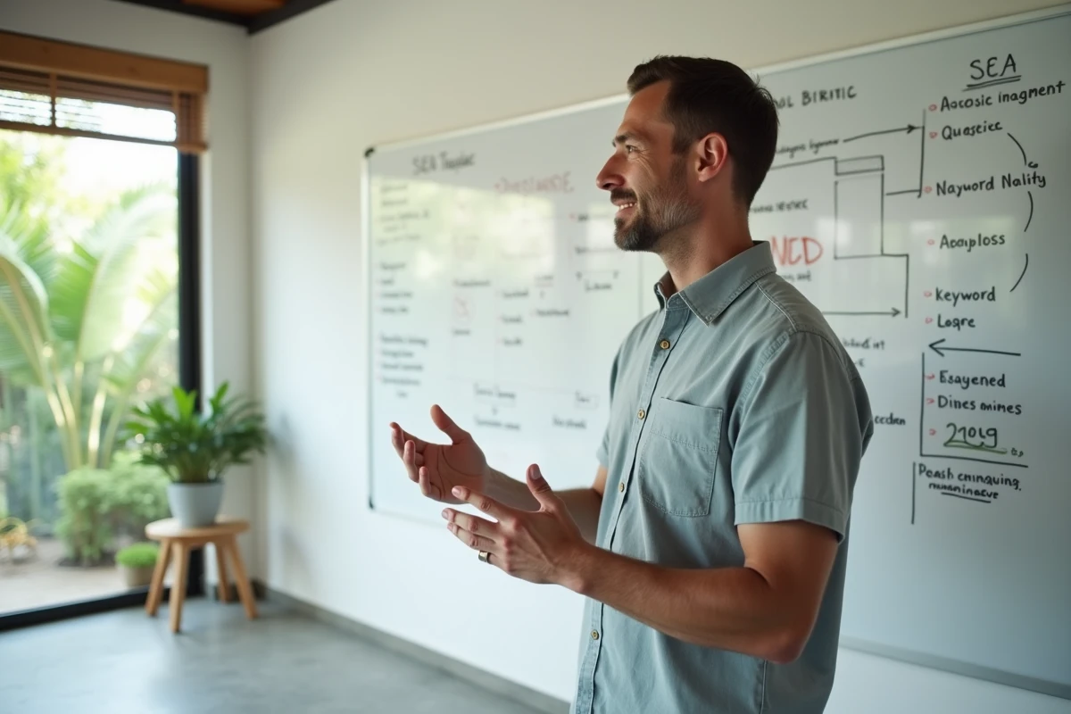 Cédric Guérin animant un atelier SEO devant un tableau blanc dans une villa moderne à Chiang Mai