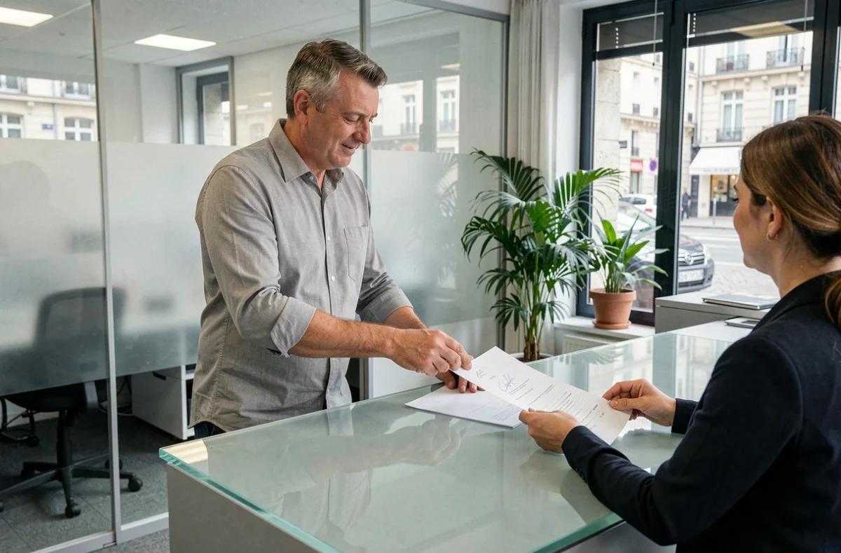Entrepreneur déposant des documents auprès d'un centre de domiciliation commerciale en centre-ville de Melun