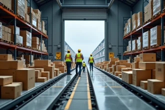 Centre de tri logistique automatisé avec convoyeurs de colis et agents en gilets haute visibilité dans un entrepôt en Île-de-France