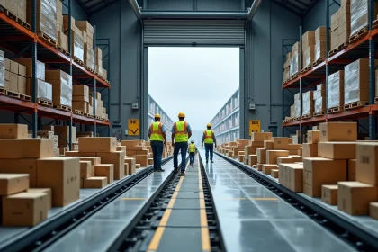 Centre de tri logistique automatisé avec convoyeurs de colis et agents en gilets haute visibilité dans un entrepôt en Île-de-France