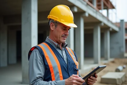 Chef de chantier BTP consultant un suivi numérique sur tablette devant une structure en béton armé