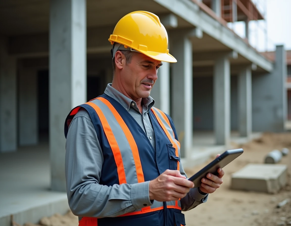 Chef de chantier BTP consultant un suivi numérique sur tablette devant une structure en béton armé