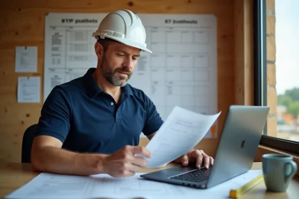 Chef de chantier BTP consultant des devis en ligne sur ordinateur portable dans un bureau de chantier temporaire