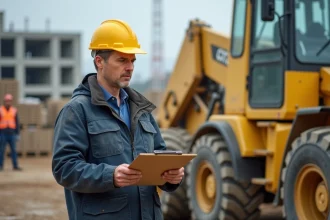 Chef de chantier évaluant des documents devant un engin de levage Loxam sur un chantier de construction actif