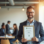Propriétaire d'entreprise tenant un certificat écologique et qualité