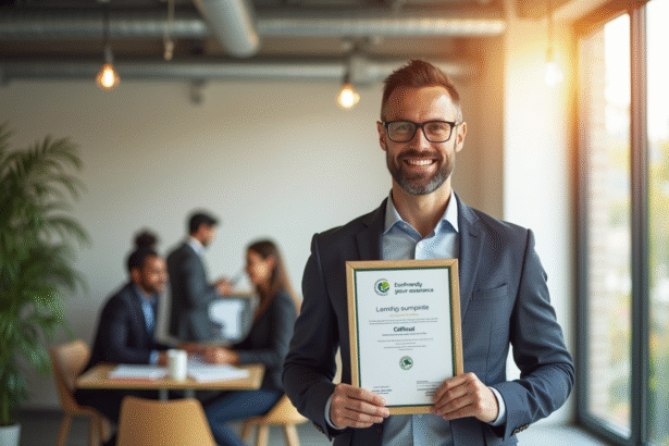 Propriétaire d'entreprise tenant un certificat écologique et qualité