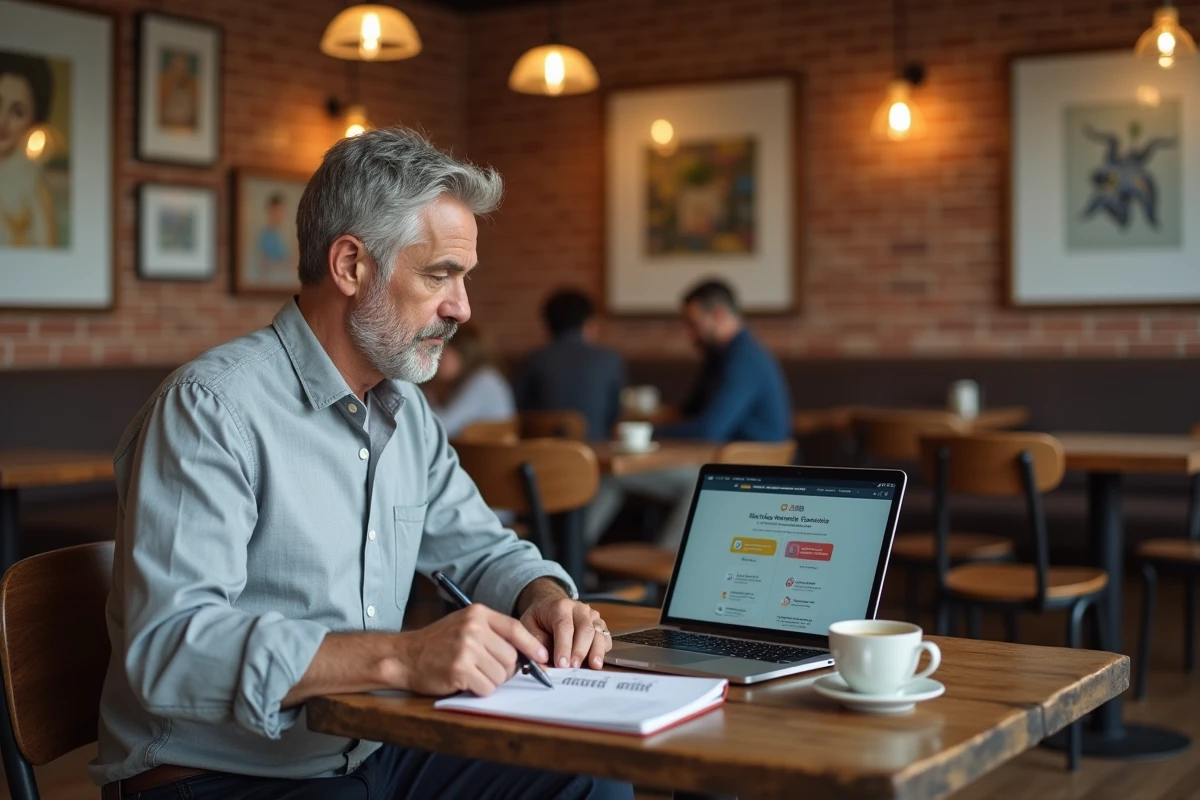 Chef d'entreprise PME analysant seul dans un café les options entre plateforme B2B et agence marketing classique