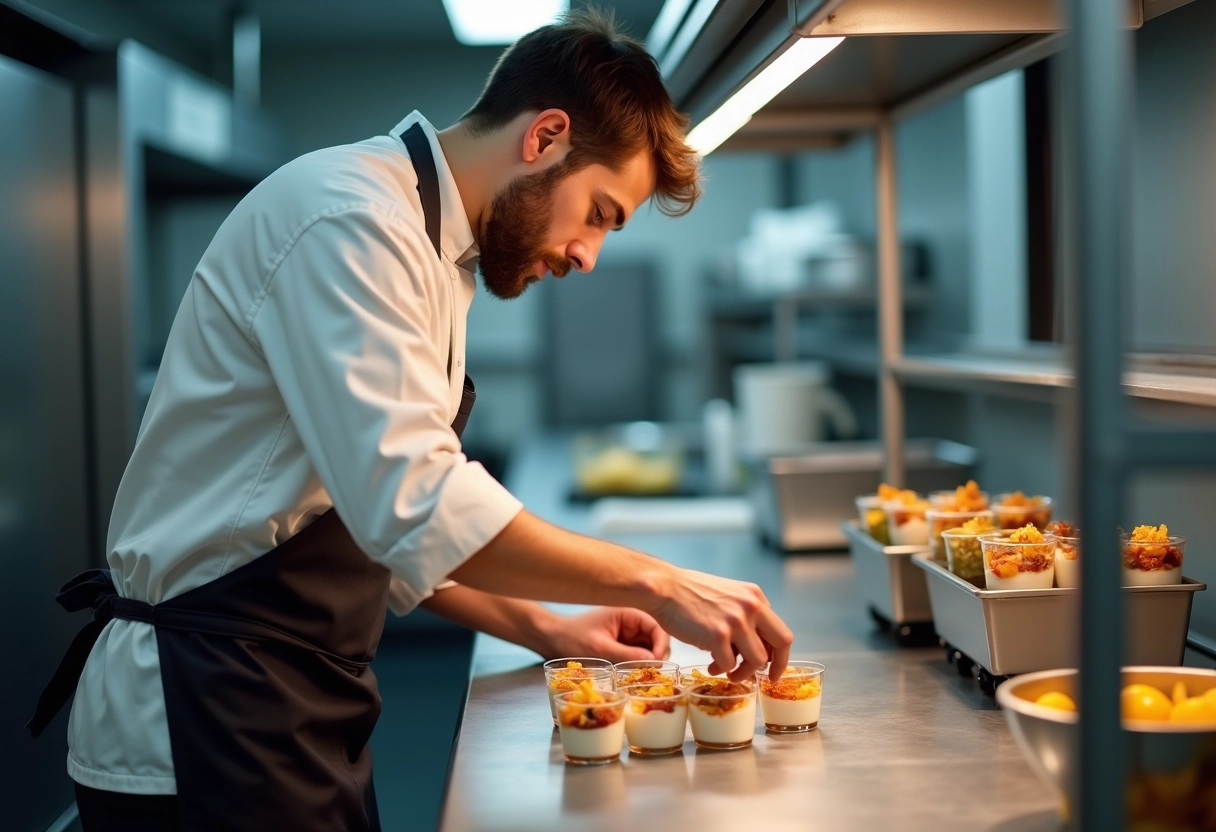 Jeune chef décorant des mini desserts avec fruits secs dans une cuisine professionnelle