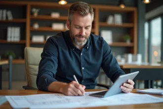 Chef de projet assis à son bureau en train de consulter un plan digital