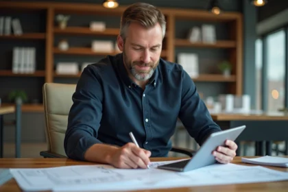 Chef de projet assis à son bureau en train de consulter un plan digital
