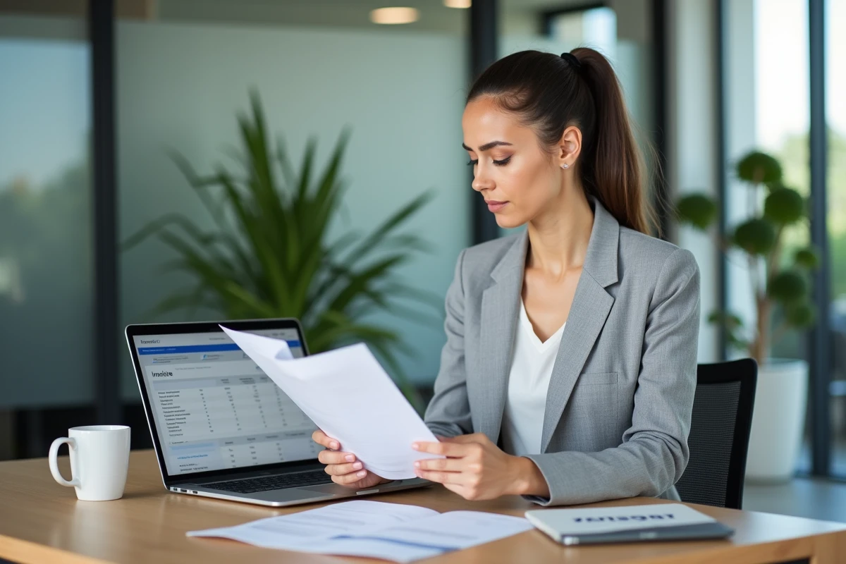 Cheffe d'entreprise comparant des factures de location d'équipement pour optimiser son budget annuel