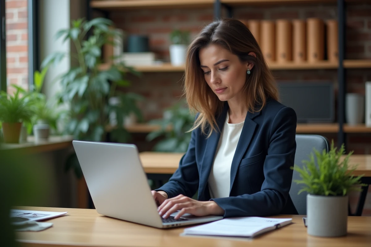 Cheffe d'entreprise TPE consultant la plateforme d'information business Magazine SLR sur son ordinateur portable dans un bureau moderne