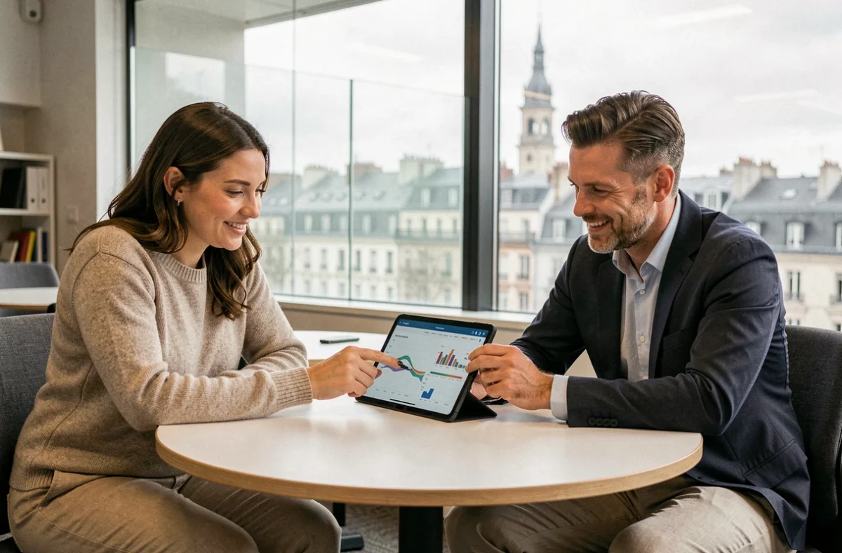 Équipe Co-Efficience en réunion collaborative avec vue sur Lyon