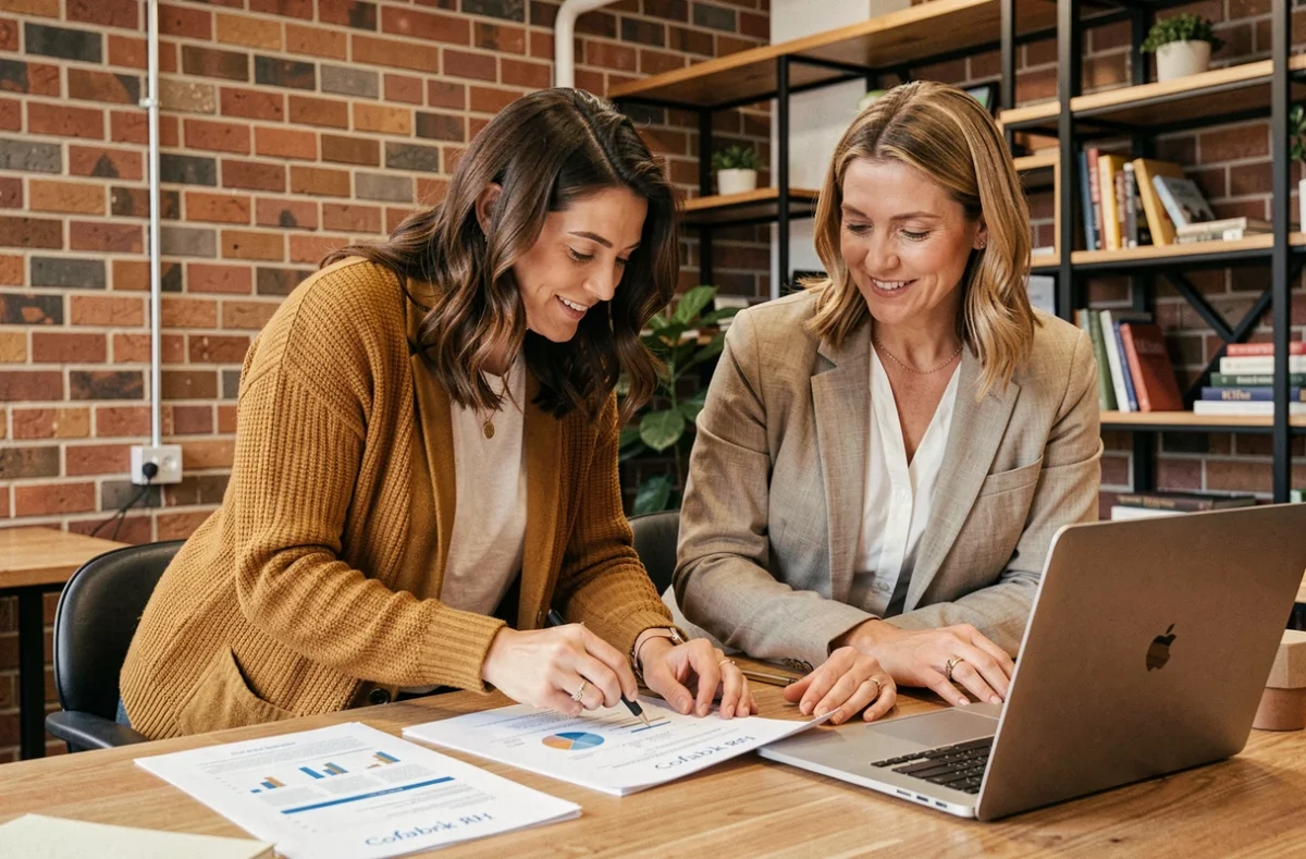 Deux professionnelles RH de Cofabrik RH collaborant dans un espace de travail chaleureux