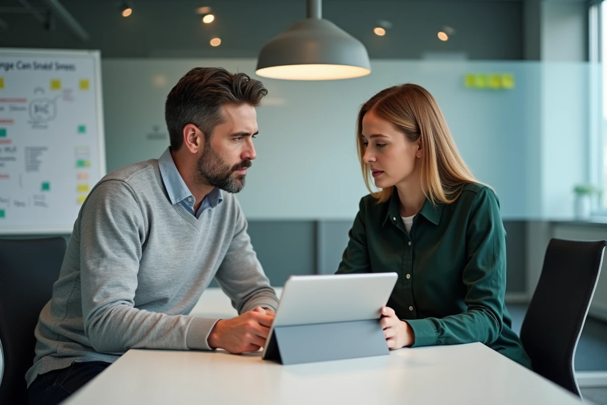 Deux collaborateurs d'une PME consultant un outil de gestion RH sur tablette lors d'une réunion interne