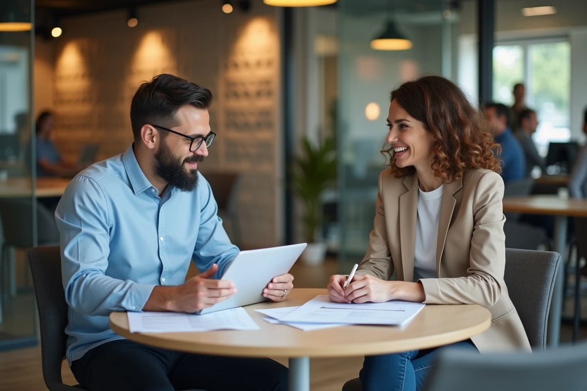 Deux professionnels collaborant sur l'adaptation des compétences d'un CV commercial à une offre d'emploi dans un espace coworking