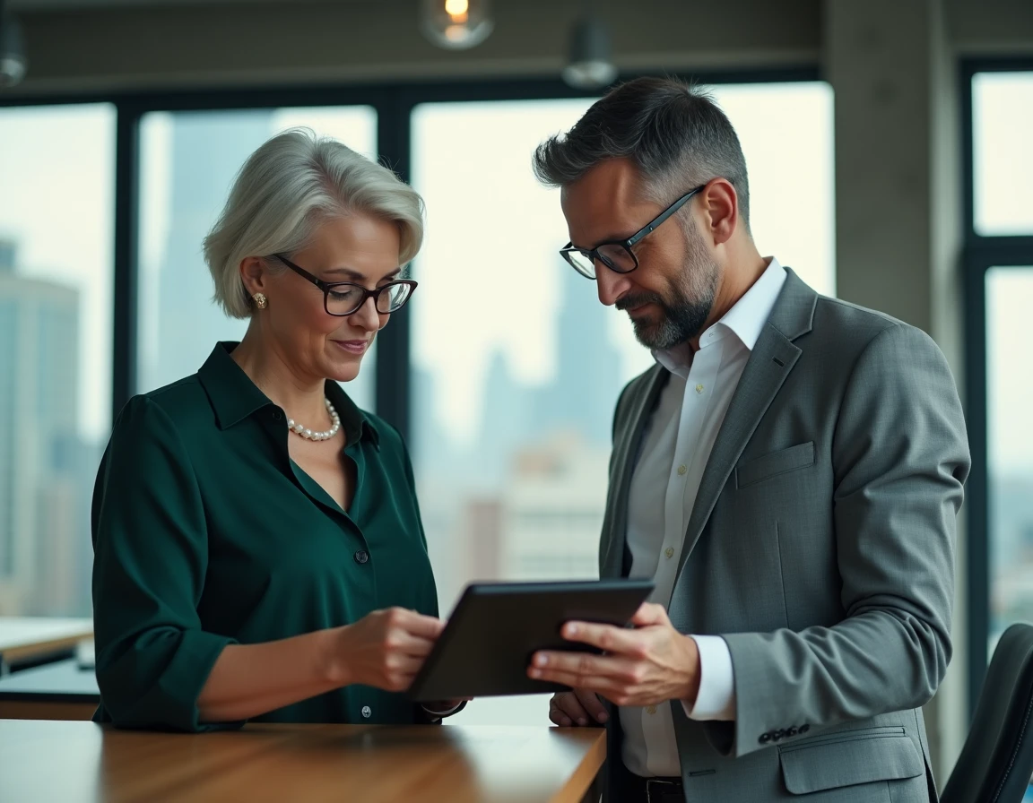 Deux professionnels consultant le formulaire de déclaration douanière Prodouane sur une tablette dans un espace de coworking