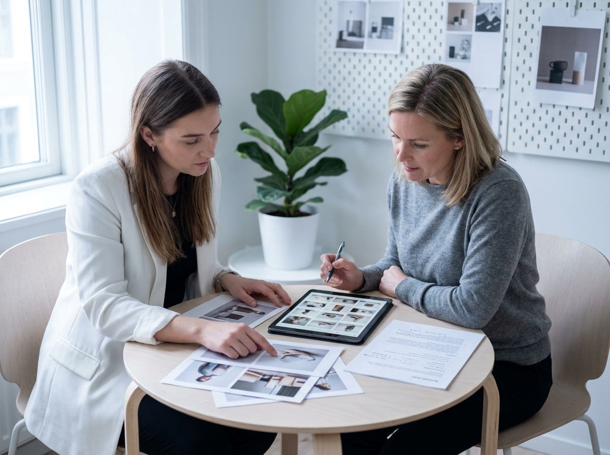 Deux femmes collaborant sur une sélection de photos produit et un brief créatif avant une séance avec un photographe