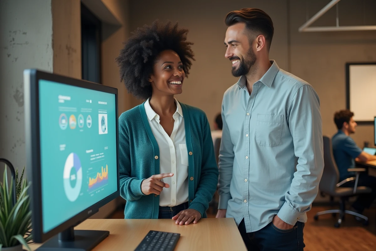 Deux collègues en espace de coworking discutant d'un tableau de bord de suivi du temps de travail et de simulation de salaire