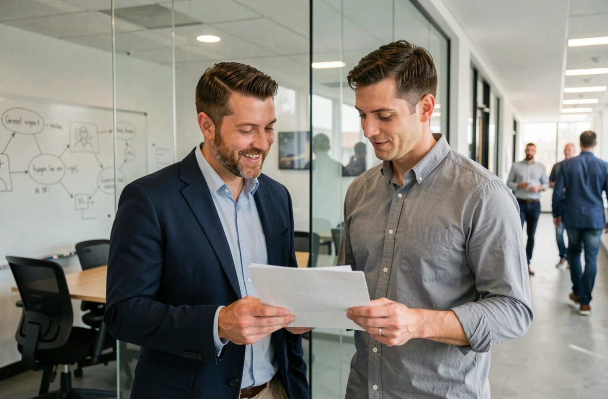 Deux collègues discutant devant une salle de réunion vitrée dans un espace de coworking professionnel