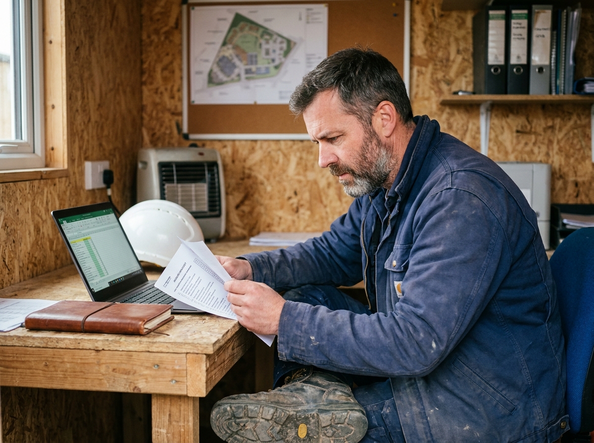 Chef de projet en bureau de chantier comparant un formulaire papier et un logiciel numérique pour optimiser son suivi terrain