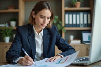 Femme professionnelle vérifiant des documents comptables dans un bureau à domicile organisé