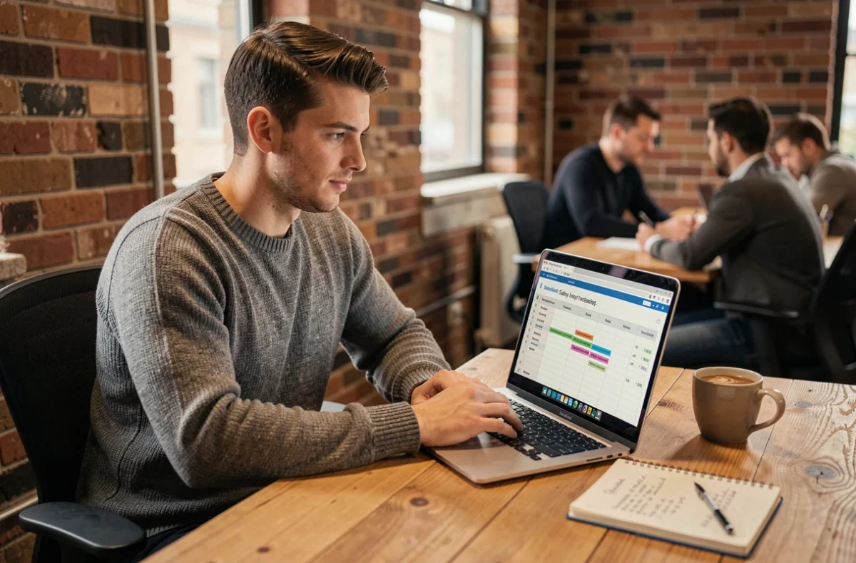 Consultant indépendant calculant ses revenus et garanties financières en portage salarial dans un espace de coworking