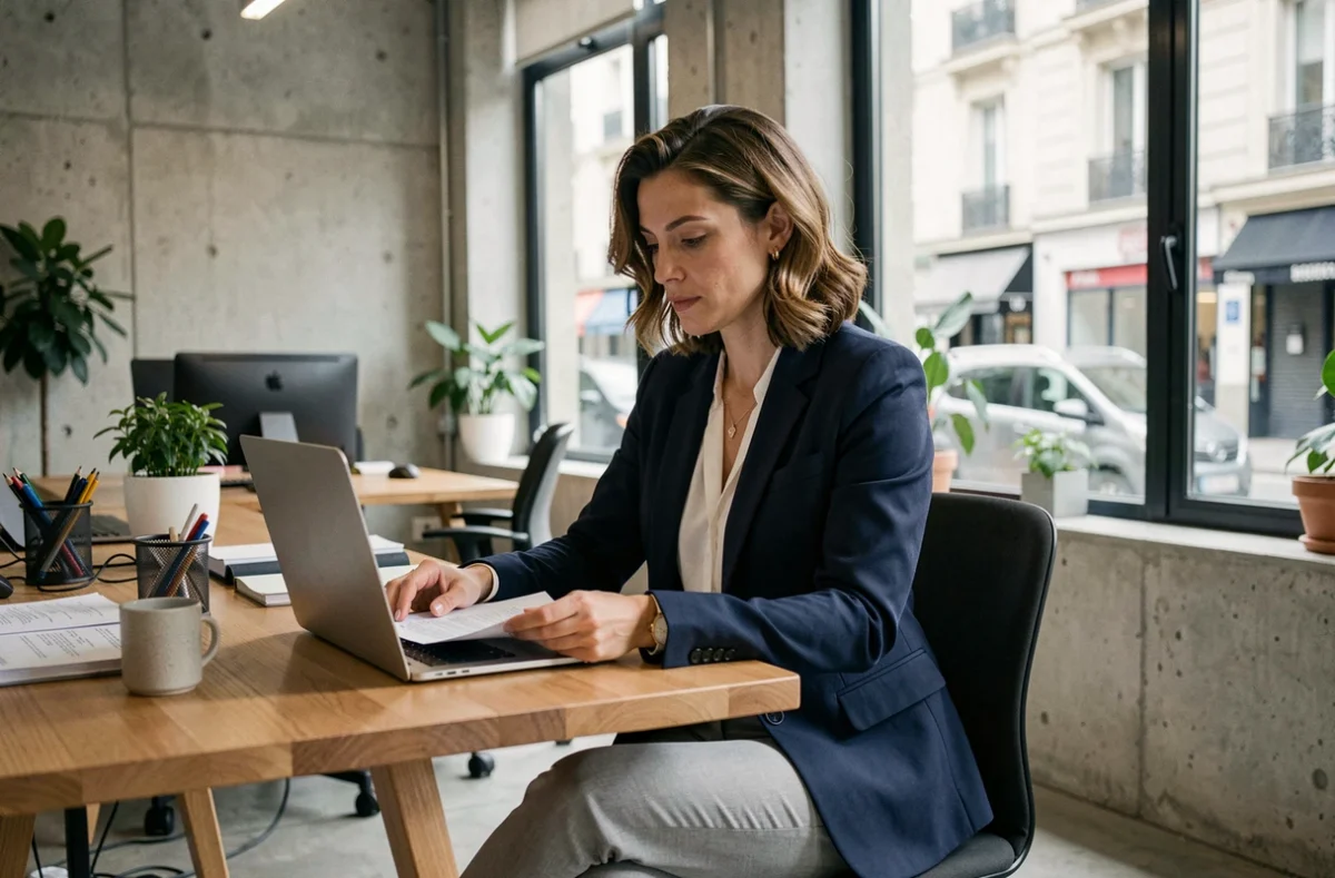 Consultante indépendante en portage salarial travaillant dans un espace de coworking moderne à Valence