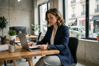 Consultante indépendante en portage salarial travaillant dans un espace de coworking moderne à Valence