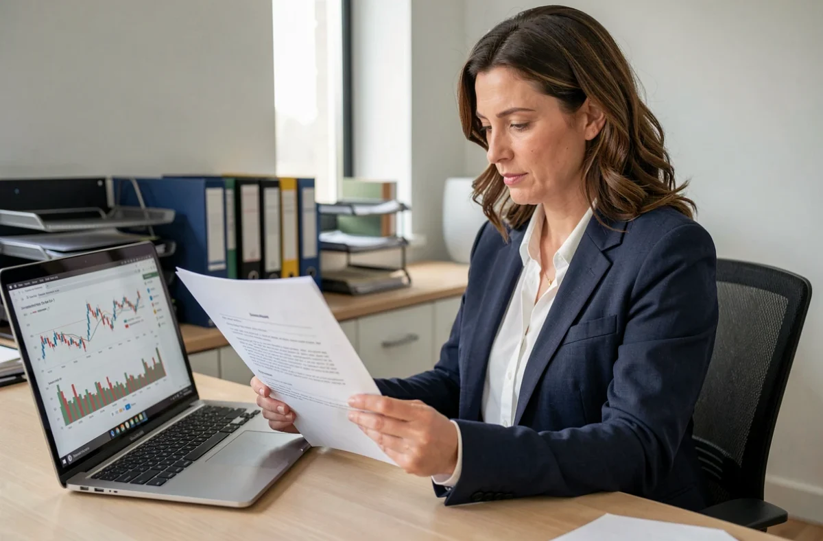Consultante en portage salarial examinant un contrat de garantie financière dans un bureau professionnel
