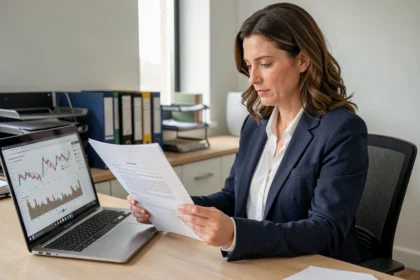 Consultante en portage salarial examinant un contrat de garantie financière dans un bureau professionnel