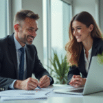 Consultant professionnel avec un client dans un bureau lumineux