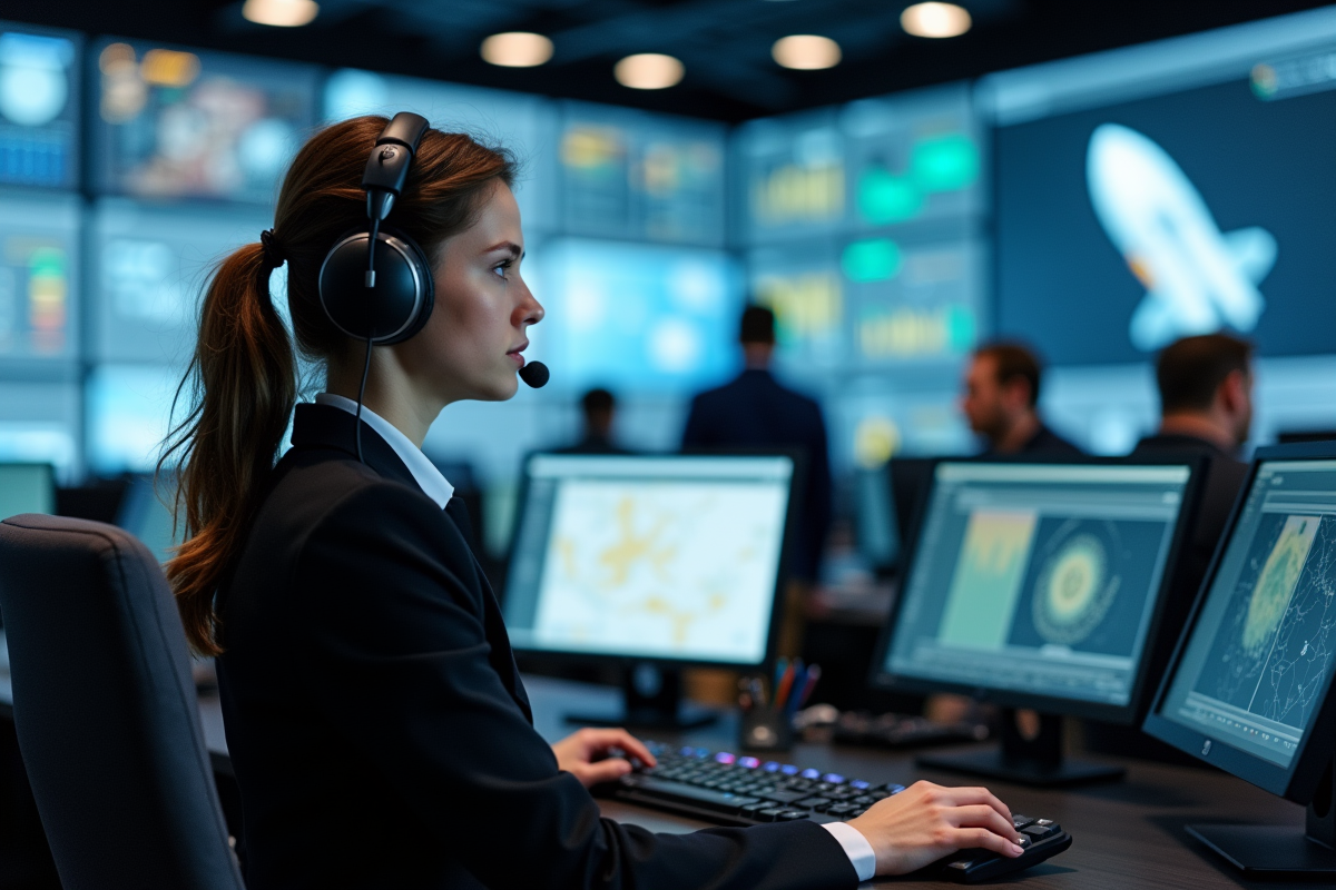 Jeune femme contrôleur de mission au bureau avec écrans