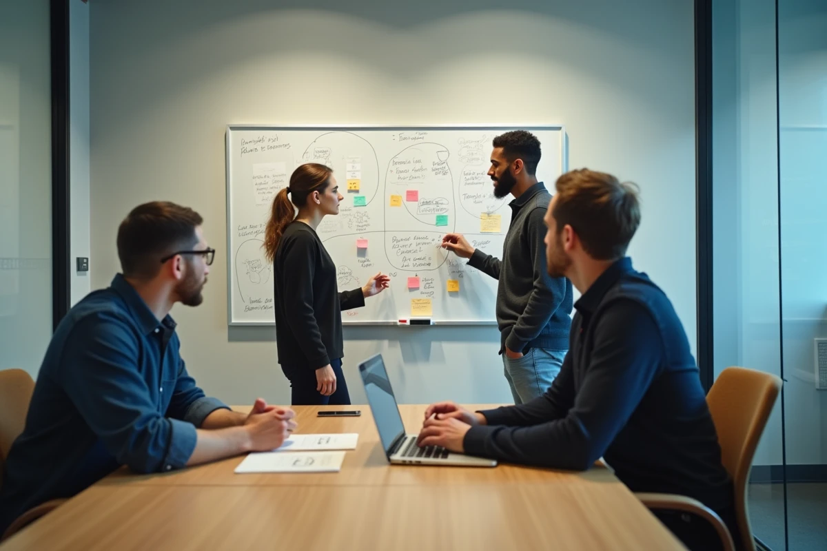 Réunion en coulisses dans une salle vitrée de Station F, trois entrepreneurs analysant un tableau blanc couvert de post-its lors d'une session de travail