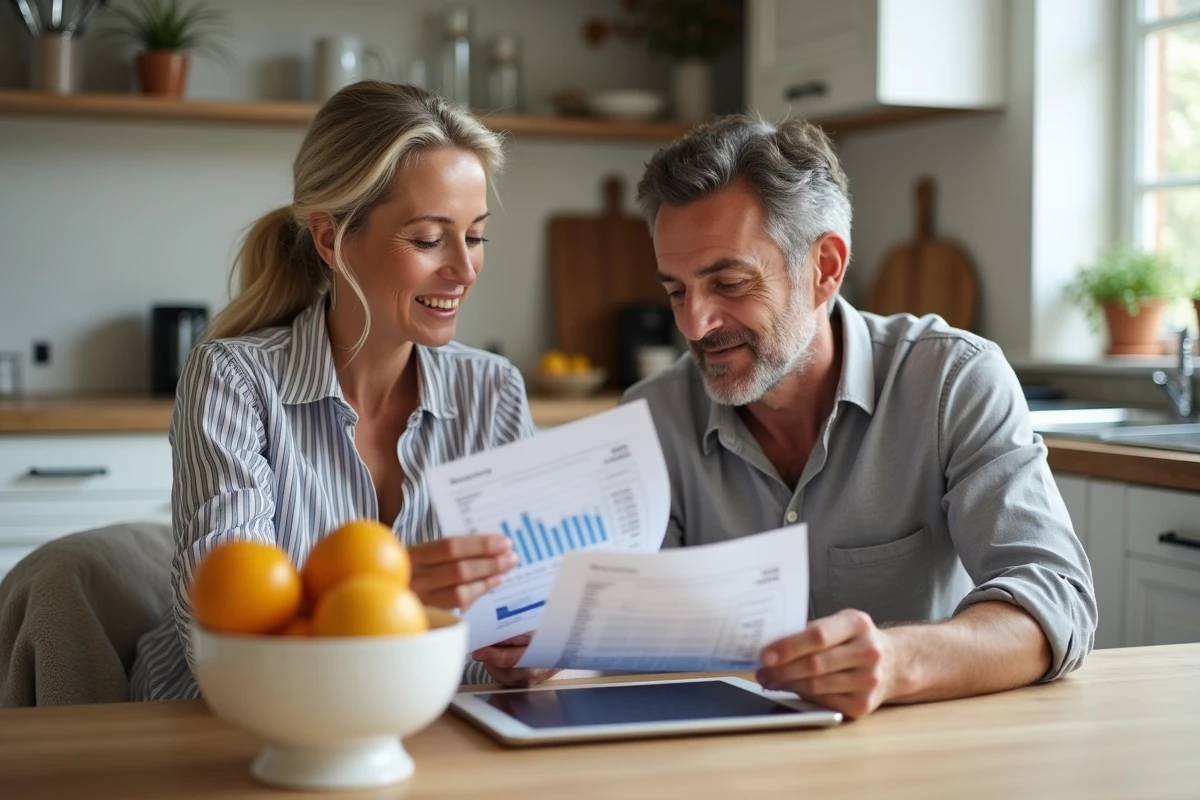Couple consultant une facture d'énergie solaire et l'espace client EDF ENR sur une tablette dans leur cuisine