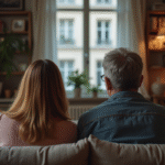 Couple français regardant la télévision dans un salon cosy