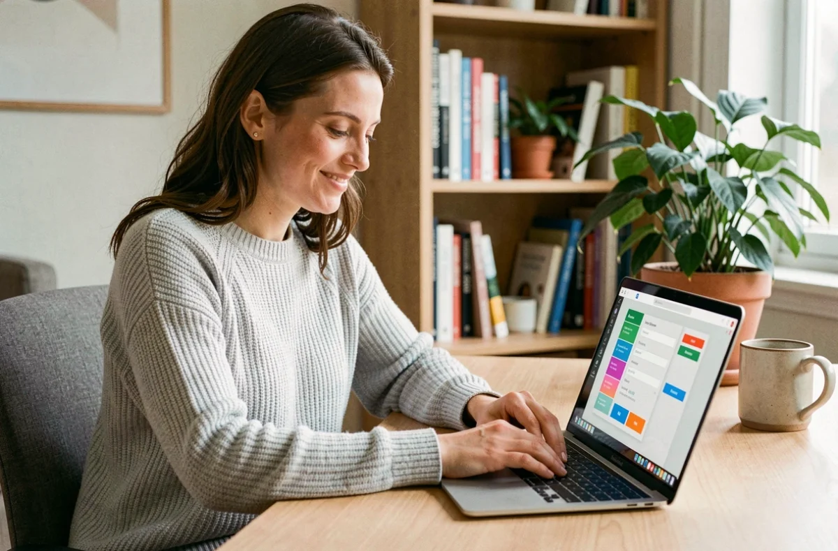 Femme créant son compte partenaire Smartbox sur un ordinateur portable dans un bureau à domicile moderne