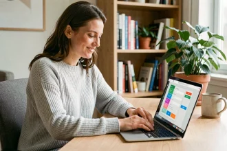 Femme créant son compte partenaire Smartbox sur un ordinateur portable dans un bureau à domicile moderne