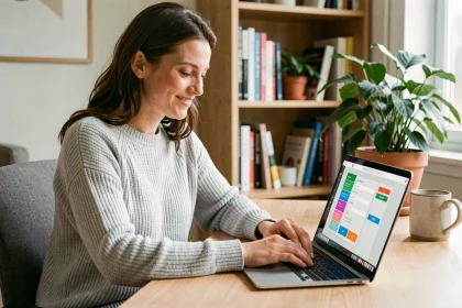 Femme créant son compte partenaire Smartbox sur un ordinateur portable dans un bureau à domicile moderne