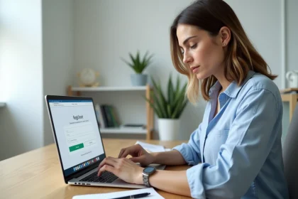 Femme créant son compte Partylite My Business sur un ordinateur portable dans un bureau à domicile
