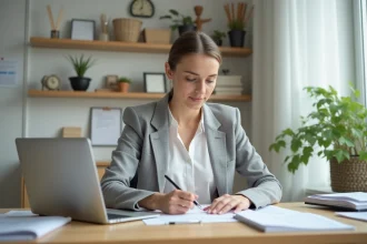 Femme entrepreneur remplissant un formulaire de création de micro-entreprise en ligne sur son ordinateur portable dans un bureau à domicile