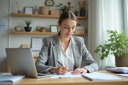 Femme entrepreneur remplissant un formulaire de création de micro-entreprise en ligne sur son ordinateur portable dans un bureau à domicile