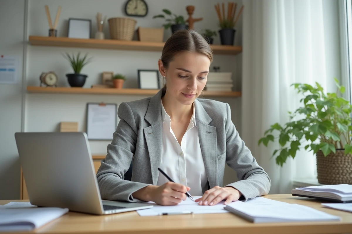 Femme entrepreneur remplissant un formulaire de création de micro-entreprise en ligne sur son ordinateur portable dans un bureau à domicile