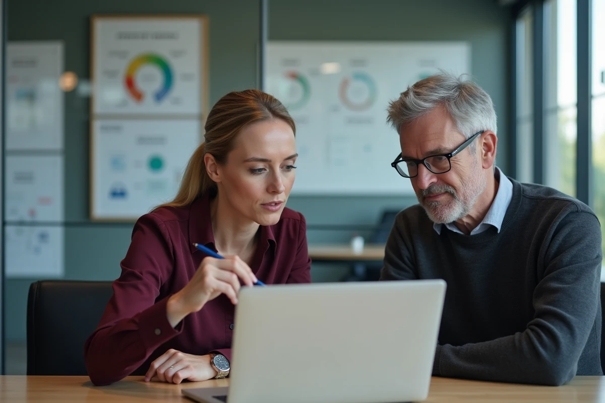 Deux collaborateurs RH en train de créer un nouvel utilisateur employeur sur Desk RH en salle de réunion