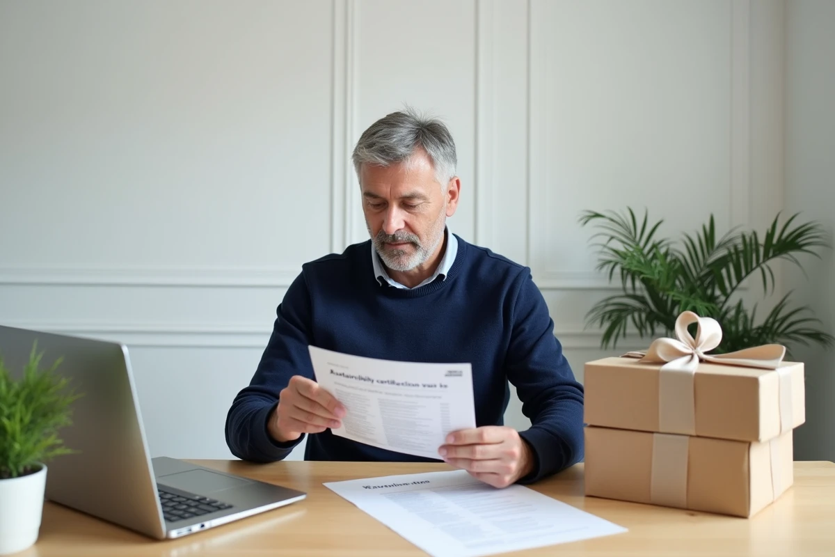 Professionnel évaluant les critères d'un fournisseur de boites cadeaux éco-responsables avec checklist et certifications durables
