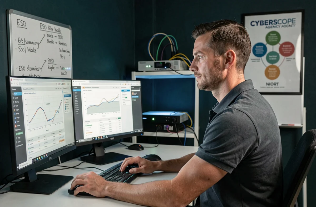 Spécialiste SEO de l'agence Cyberscope à Niort analysant les performances de référencement web sur plusieurs écrans
