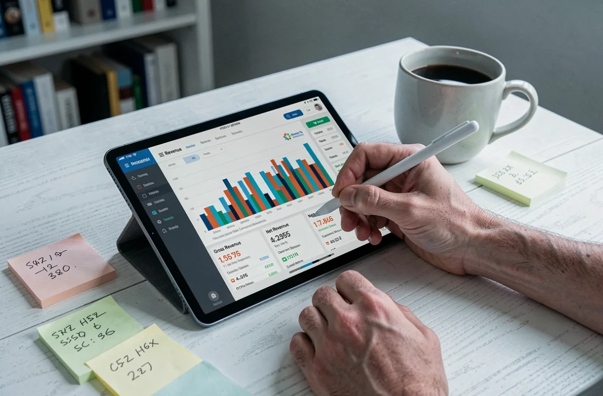 Tableau de bord financier sur tablette comparant chiffre d'affaires brut et net après remises commerciales