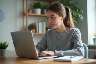 Jeune femme débutante découvrant le travail en ligne sur son ordinateur portable dans un bureau à domicile organisé