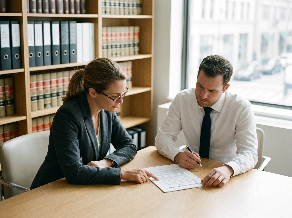 Deux professionnels du droit examinant ensemble un dossier de délégation de précontentieux dans un cabinet juridique